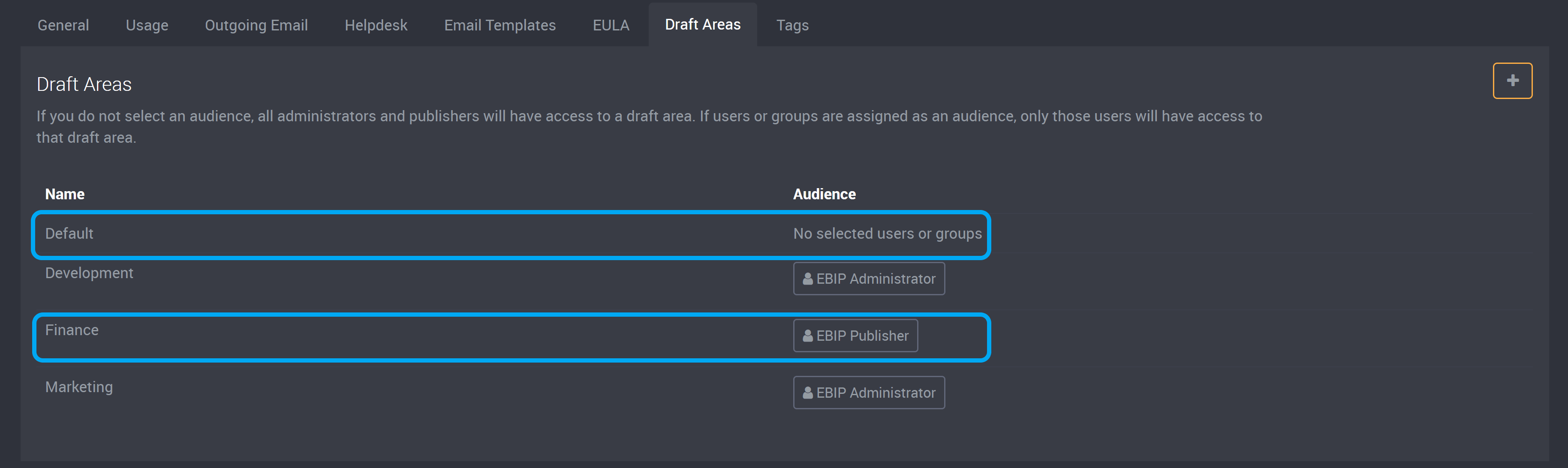 Draft areas with audiences